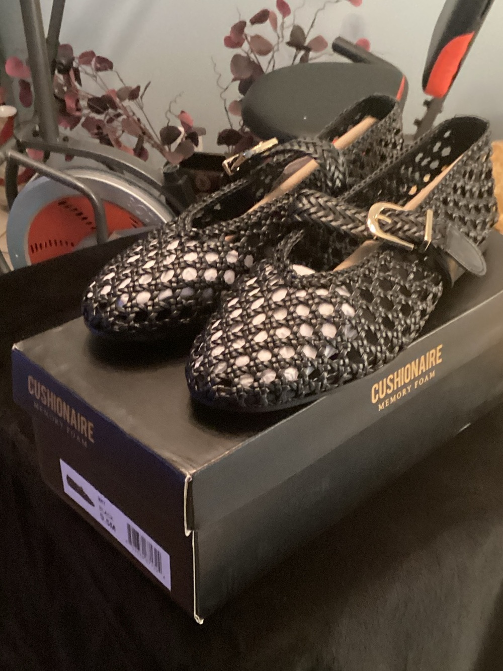 Cushionaire Black Woven Mary Jane Flats with Gold Buckle